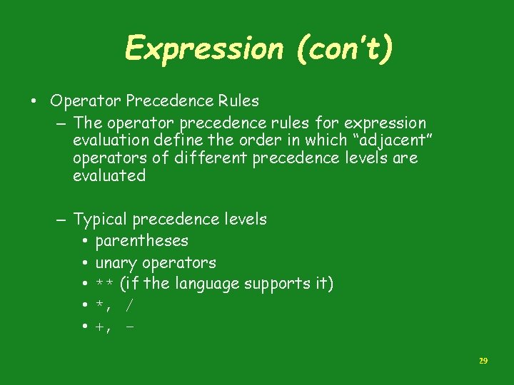 Expression (con’t) • Operator Precedence Rules – The operator precedence rules for expression evaluation