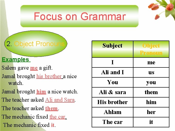 Focus on Grammar 2. Object Pronouns Examples Salem gave me a gift. Jamal brought