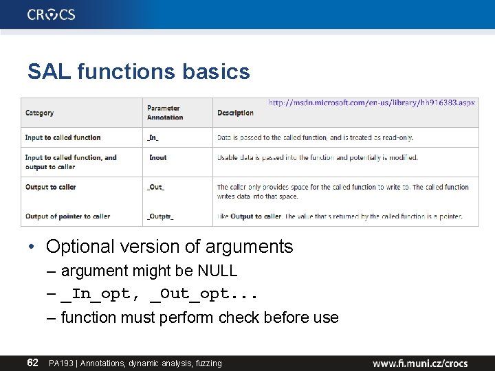 SAL functions basics • Optional version of arguments – argument might be NULL –