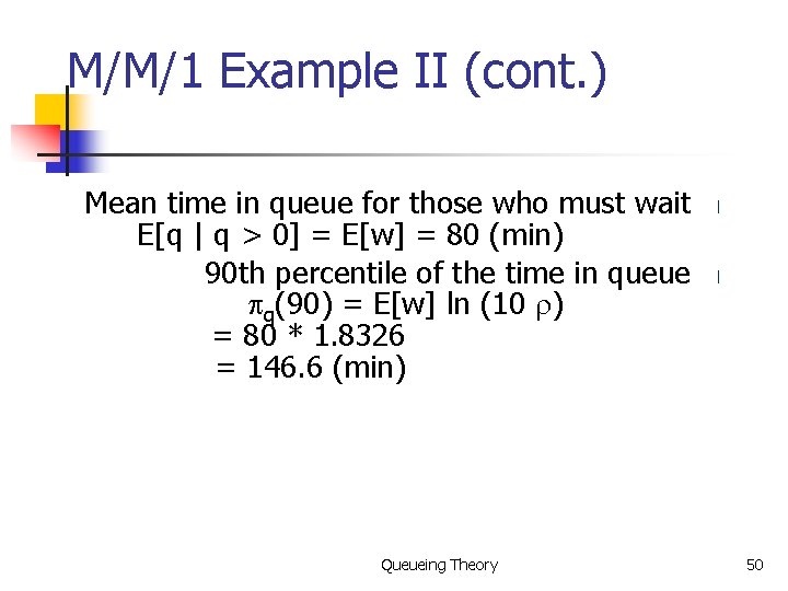 M/M/1 Example II (cont. ) Mean time in queue for those who must wait