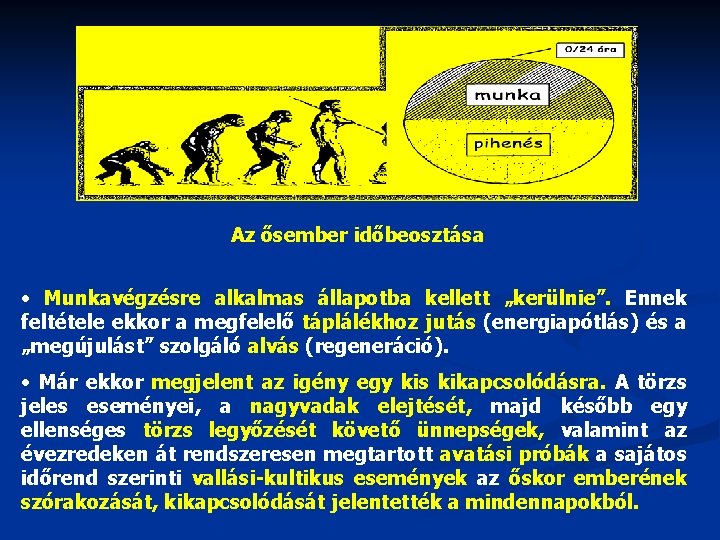 Az ősember időbeosztása • Munkavégzésre alkalmas állapotba kellett „kerülnie”. Ennek feltétele ekkor a megfelelő