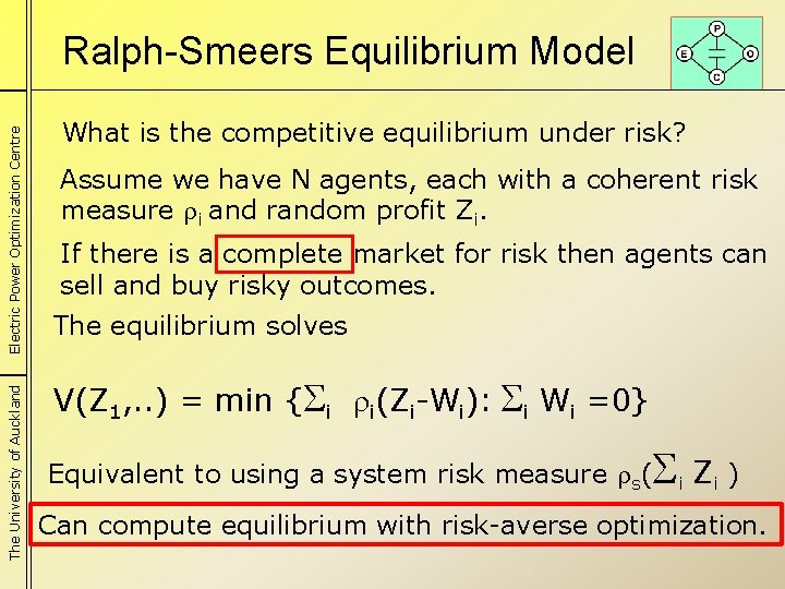 The University of Auckland Electric Power Optimization Centre Ralph-Smeers Equilibrium Model What is the