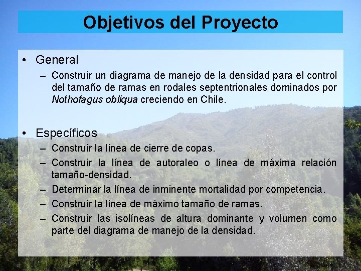 Objetivos del Proyecto • General – Construir un diagrama de manejo de la densidad