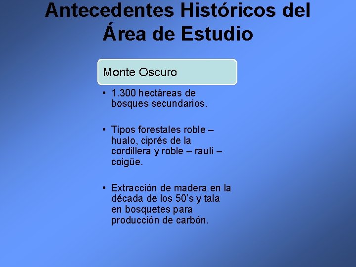 Antecedentes Históricos del Área de Estudio Monte Oscuro • 1. 300 hectáreas de bosques