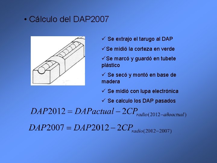  • Cálculo del DAP 2007 ü Se extrajo el tarugo al DAP üSe