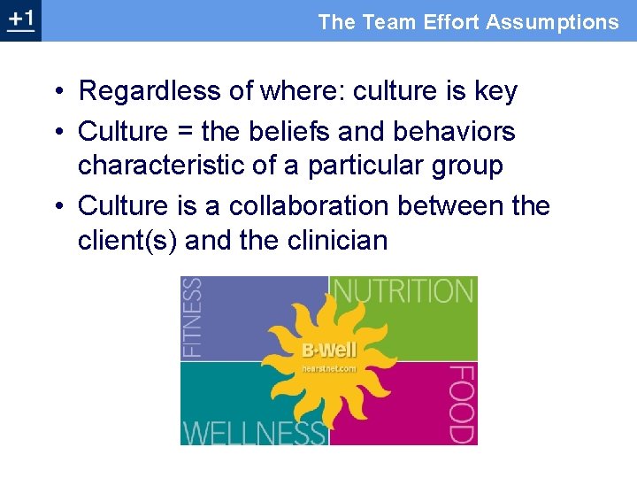 The Team Effort Assumptions • Regardless of where: culture is key • Culture =