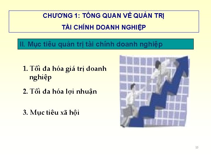 CHƯƠNG 1: TỔNG QUAN VỀ QUẢN TRỊ TÀI CHÍNH DOANH NGHIỆP II. Mục tiêu