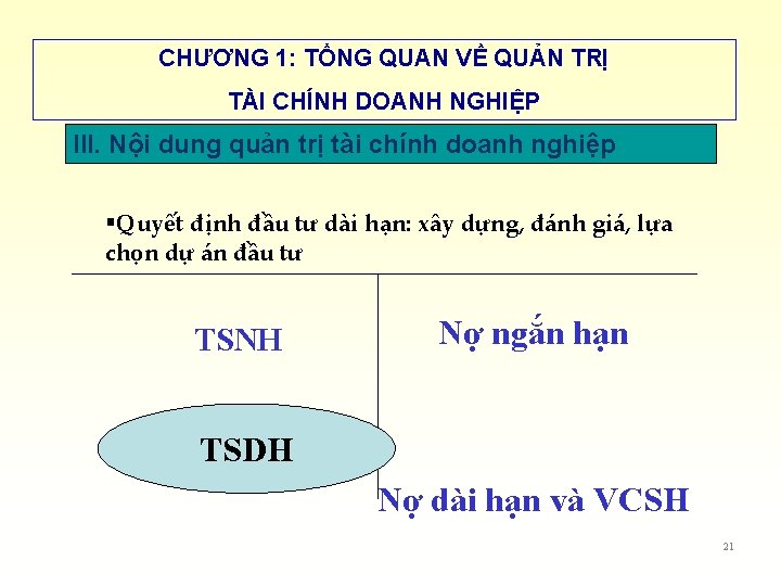 CHƯƠNG 1: TỔNG QUAN VỀ QUẢN TRỊ TÀI CHÍNH DOANH NGHIỆP III. Nội dung CHƯƠNG 1: TỔNG QUAN VỀ QUẢN TRỊ TÀI CHÍNH DOANH NGHIỆP III. Nội dung