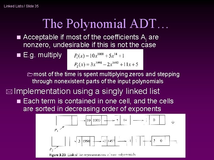 Linked Lists / Slide 35 The Polynomial ADT… Acceptable if most of the coefficients