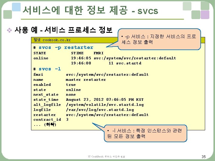 서비스에 대한 정보 제공 - svcs v 사용 예 - 서비스 프로세스 정보 텔넷 서비스에 대한 정보 제공 - svcs v 사용 예 - 서비스 프로세스 정보 텔넷