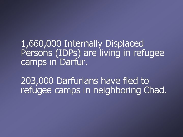 1, 660, 000 Internally Displaced Persons (IDPs) are living in refugee camps in Darfur.