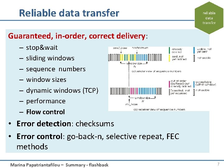 Reliable data transfer Guaranteed, in-order, correct delivery: – – – – stop&wait sliding windows