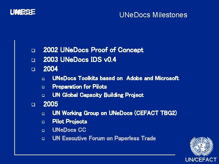 UNECE q q q UNe. Docs Milestones 2002 UNe. Docs Proof of Concept 2003 UNECE q q q UNe. Docs Milestones 2002 UNe. Docs Proof of Concept 2003