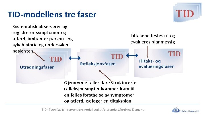 TID TID-modellens tre faser Systematisk observerer og registrerer symptomer og atferd, innhenter person– og TID TID-modellens tre faser Systematisk observerer og registrerer symptomer og atferd, innhenter person– og