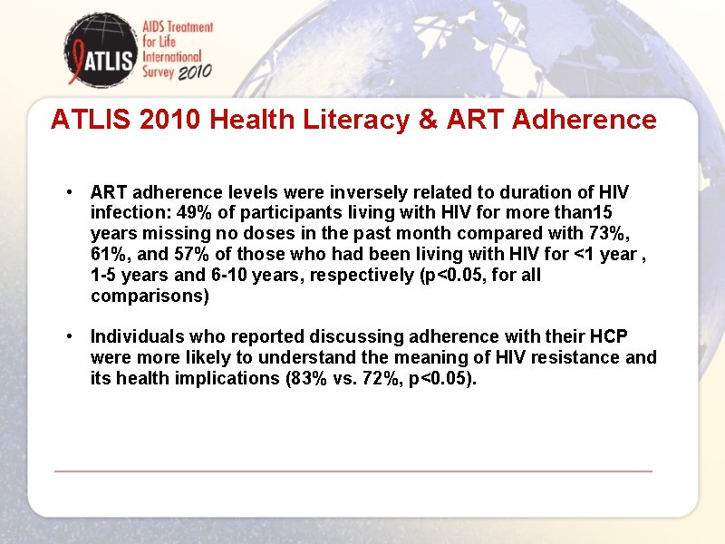 ATLIS 2010 Health Literacy & ART Adherence • ART adherence levels were inversely related