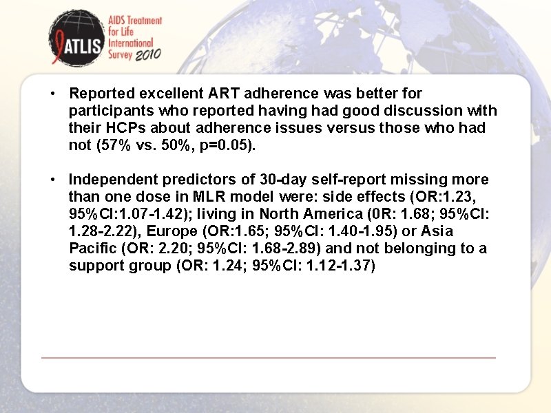  • Reported excellent ART adherence was better for participants who reported having had