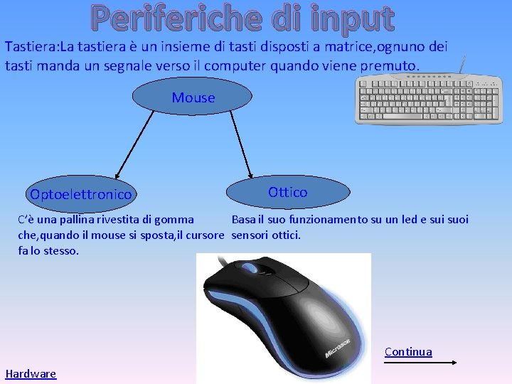 Periferiche di input Tastiera: La tastiera è un insieme di tasti disposti a matrice,