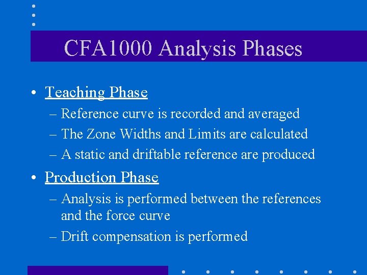 CFA 1000 Analysis Phases • Teaching Phase – Reference curve is recorded and averaged