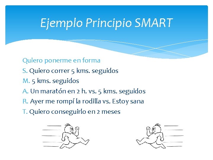 Ejemplo Principio SMART Quiero ponerme en forma S. Quiero correr 5 kms. seguidos M.