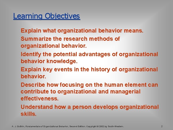 Learning Objectives Explain what organizational behavior means. Summarize the research methods of organizational behavior. Learning Objectives Explain what organizational behavior means. Summarize the research methods of organizational behavior.