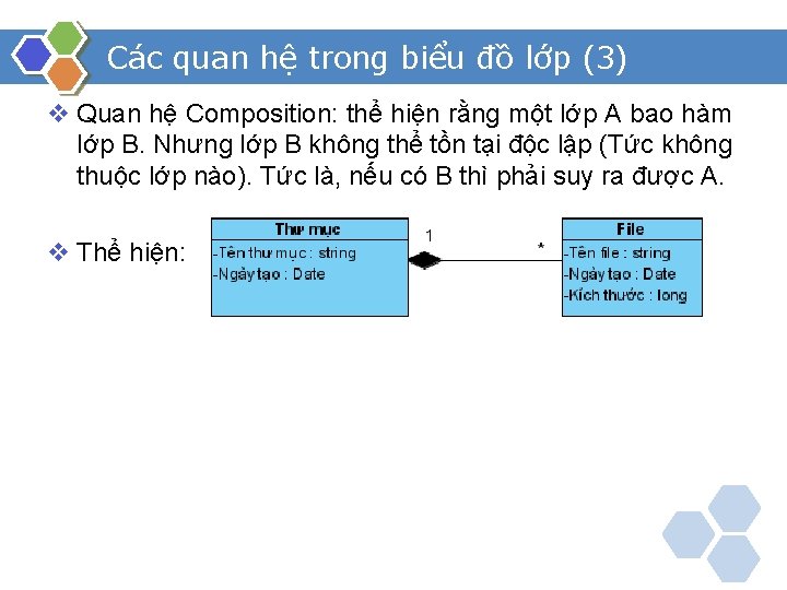 Các quan hệ trong biểu đồ lớp (3) v Quan hệ Composition: thể hiện