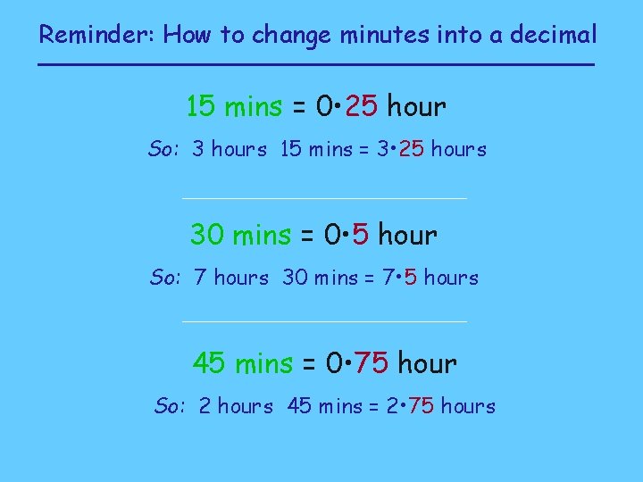 Reminder: How to change minutes into a decimal 15 mins = 0 • 25