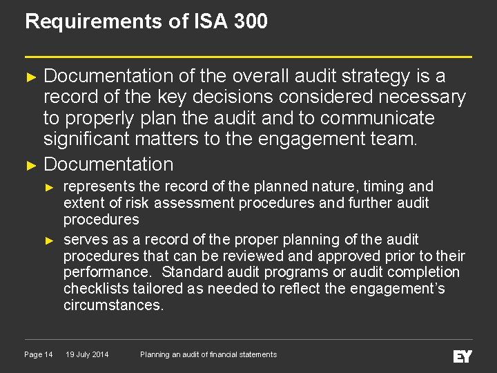 Requirements of ISA 300 Documentation of the overall audit strategy is a record of