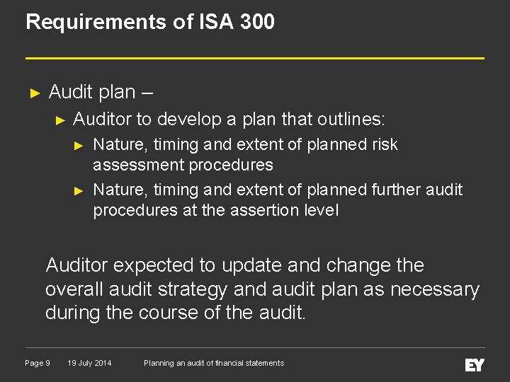 Requirements of ISA 300 ► Audit plan – ► Auditor to develop a plan