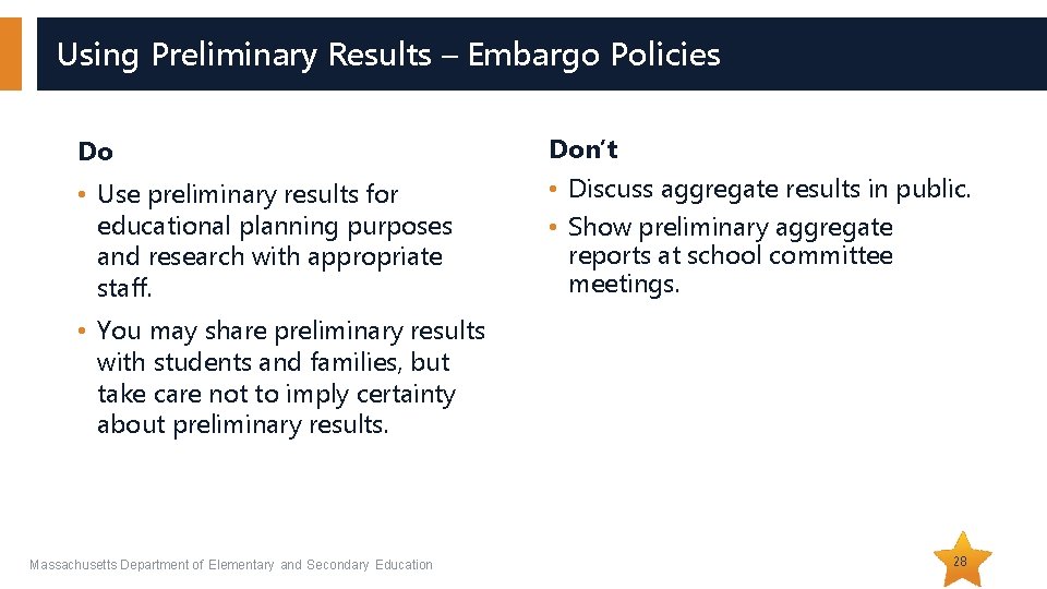 Using Preliminary Results – Embargo Policies Do • Use preliminary results for educational planning