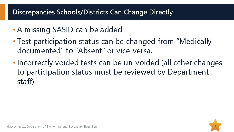 Discrepancies Schools/Districts Can Change Directly • A missing SASID can be added. • Test