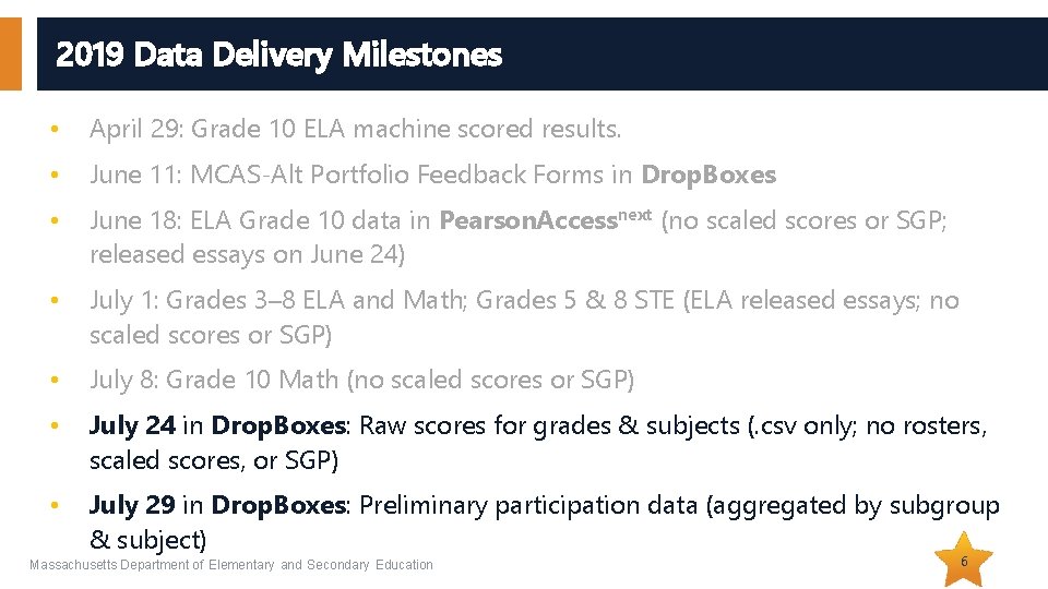 2019 Data Delivery Milestones • April 29: Grade 10 ELA machine scored results. •