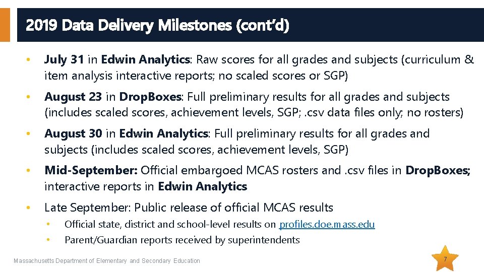 2019 Data Delivery Milestones (cont’d) • July 31 in Edwin Analytics: Raw scores for