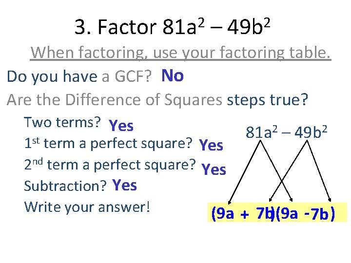 3. Factor 2 81 a – 2 49 b When factoring, use your factoring