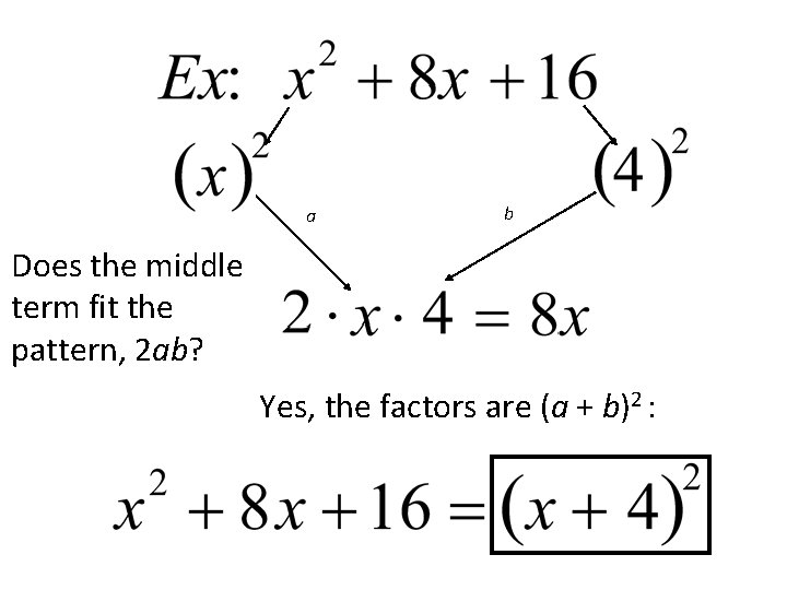 a b Does the middle term fit the pattern, 2 ab? Yes, the factors