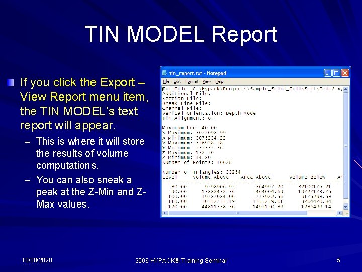 TIN MODEL Report If you click the Export – View Report menu item, the