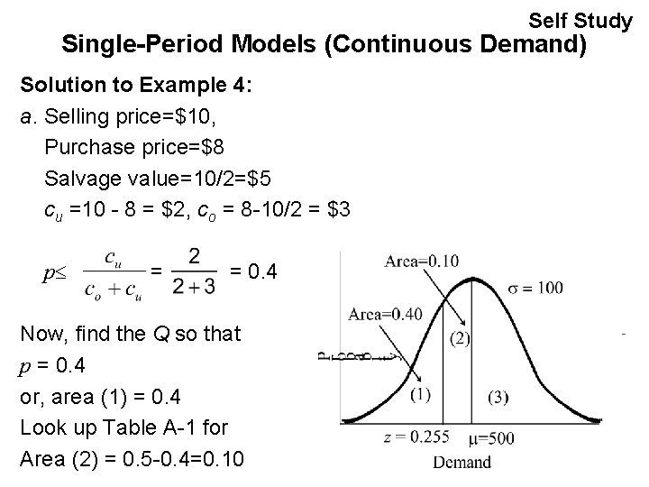 Self Study Single-Period Models (Continuous Demand) Solution to Example 4: a. Selling price=$10, Purchase