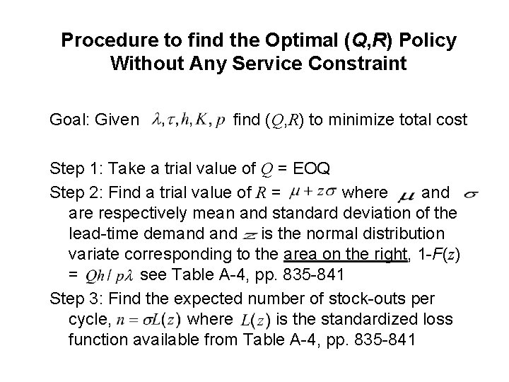 Procedure to find the Optimal (Q, R) Policy Without Any Service Constraint Goal: Given