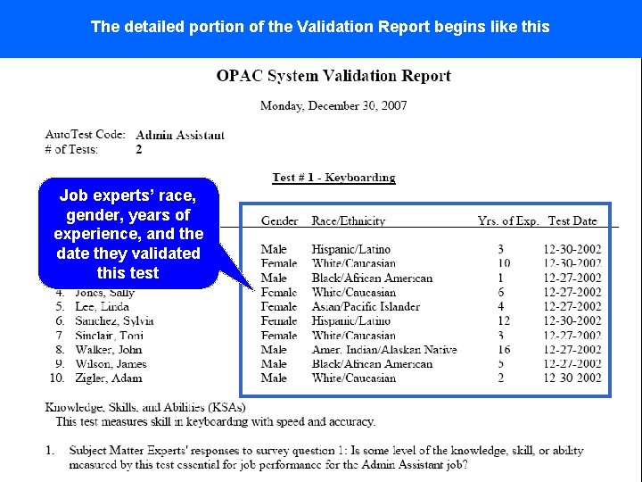The detailed portion of the Validation Report begins like this Job experts’ race, gender,