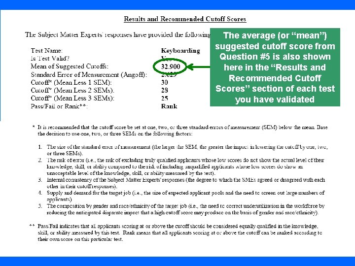 The average (or “mean”) suggested cutoff score from Question #5 is also shown here