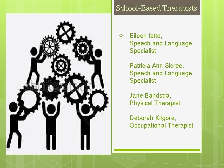 School-Based Therapists ² Eileen Ietto, Speech and Language Specialist Patricia Ann Sicree, Speech and