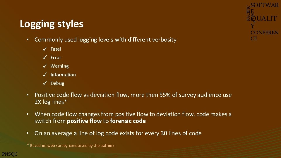 Logging styles • Commonly used logging levels with different verbosity ✓ Fatal ✓ Error