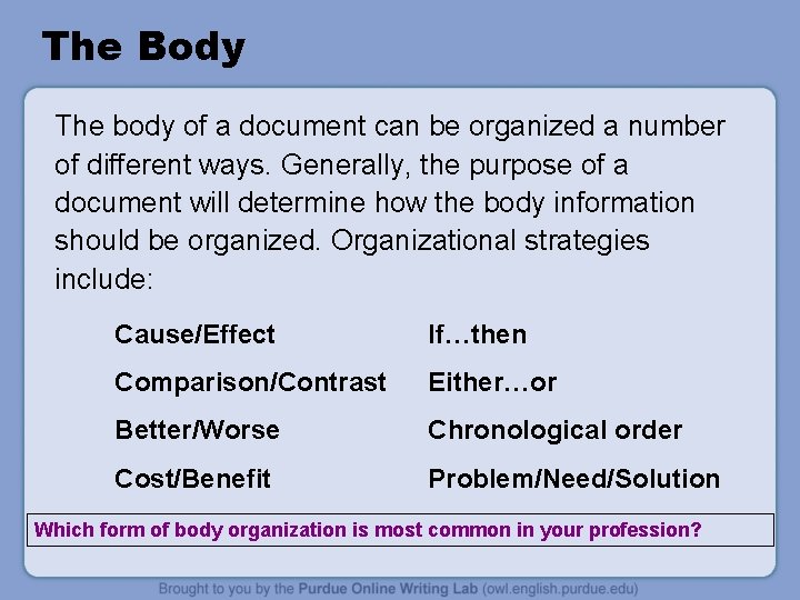 The Body The body of a document can be organized a number of different