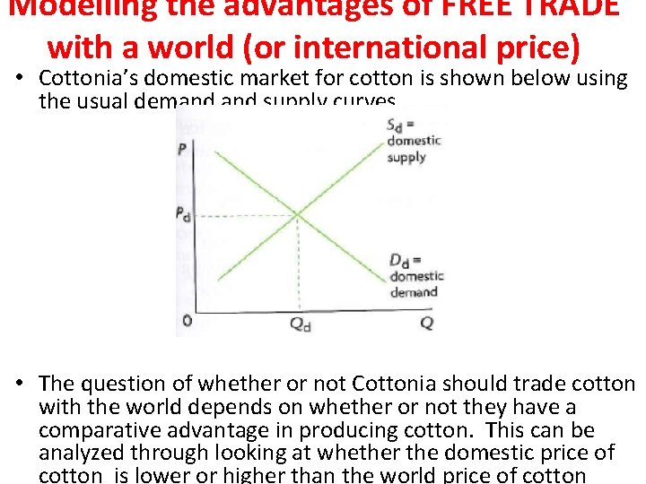 Modelling the advantages of FREE TRADE with a world (or international price) • Cottonia’s