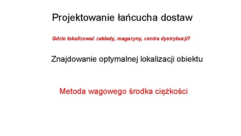 Projektowanie łańcucha dostaw Gdzie lokalizować zakłady, magazyny, centra dystrybucji? Znajdowanie optymalnej lokalizacji obiektu Metoda