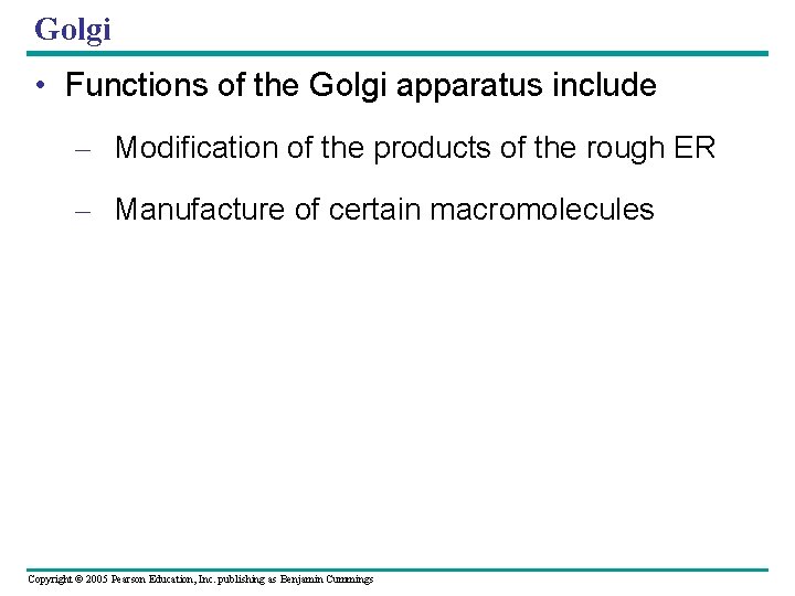 Golgi • Functions of the Golgi apparatus include – Modification of the products of Golgi • Functions of the Golgi apparatus include – Modification of the products of