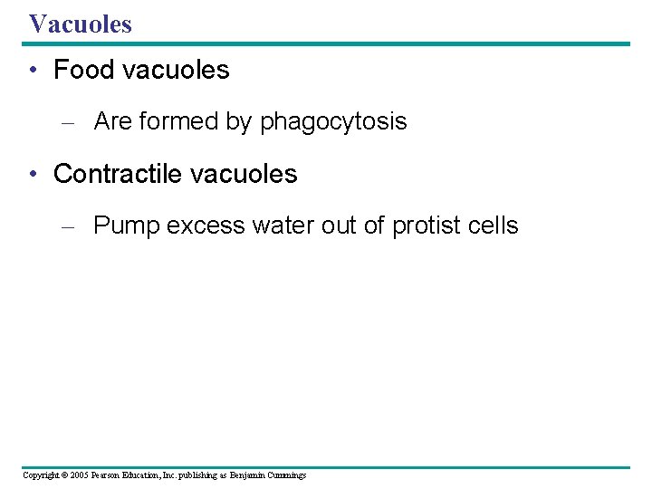 Vacuoles • Food vacuoles – Are formed by phagocytosis • Contractile vacuoles – Pump Vacuoles • Food vacuoles – Are formed by phagocytosis • Contractile vacuoles – Pump