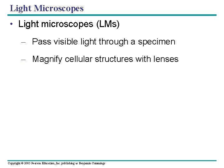 Light Microscopes • Light microscopes (LMs) – Pass visible light through a specimen – Light Microscopes • Light microscopes (LMs) – Pass visible light through a specimen –
