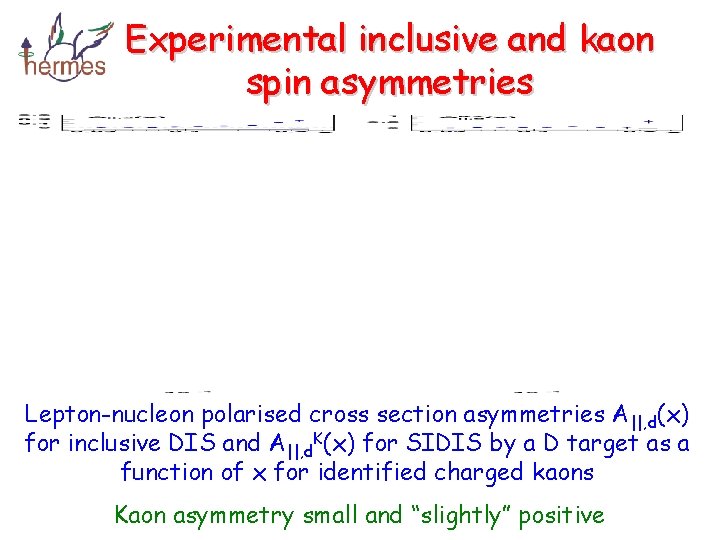 Experimental inclusive and kaon spin asymmetries Lepton-nucleon polarised cross section asymmetries A||, d(x) for