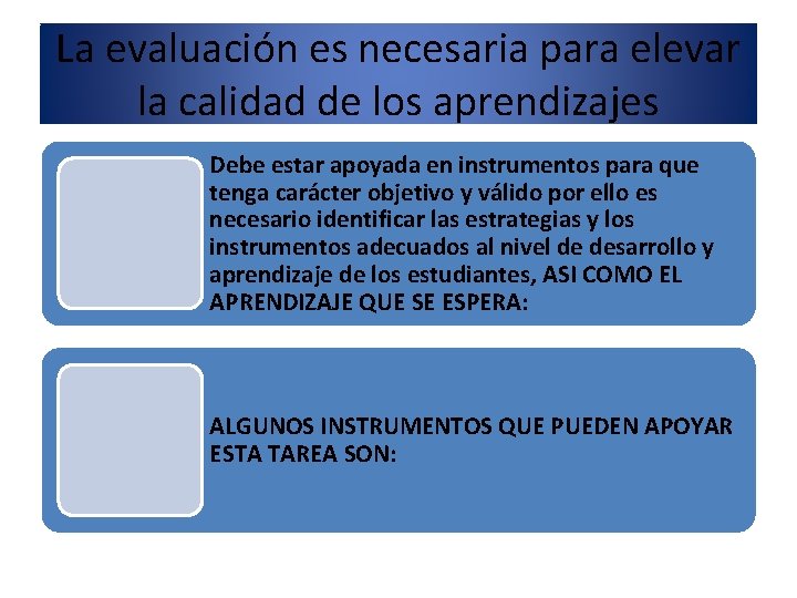 La evaluación es necesaria para elevar la calidad de los aprendizajes Debe estar apoyada