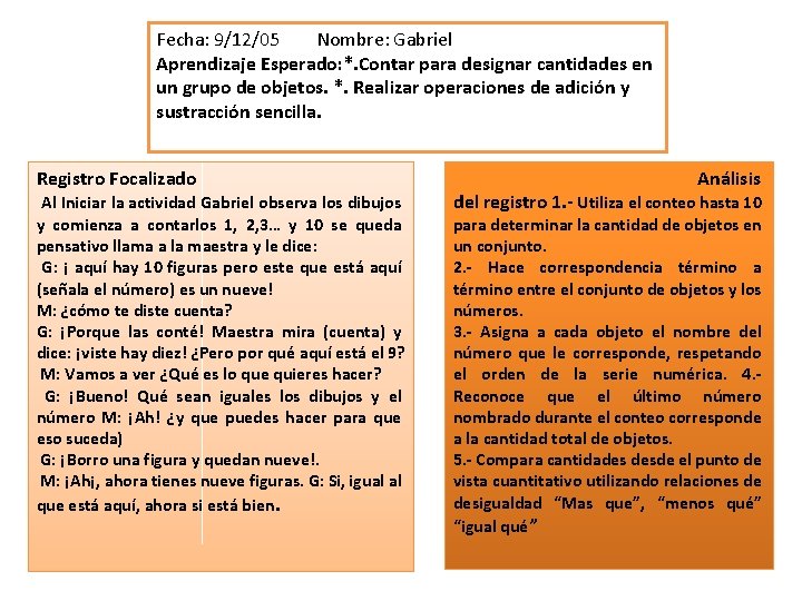 Fecha: 9/12/05 Nombre: Gabriel Aprendizaje Esperado: *. Contar para designar cantidades en un grupo